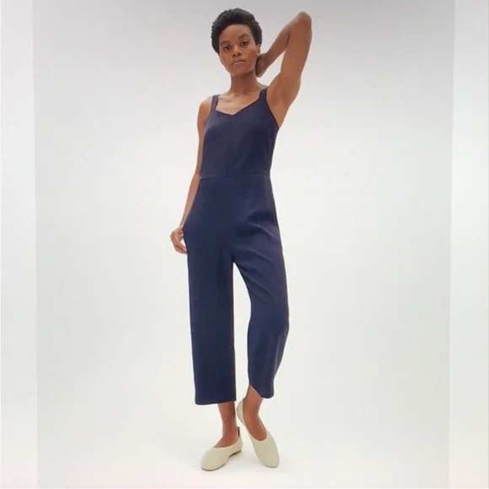Navy Blue Wide Leg Culotte Pocket Everlane Japanese GoWeave Slip Jumpsuit size 4